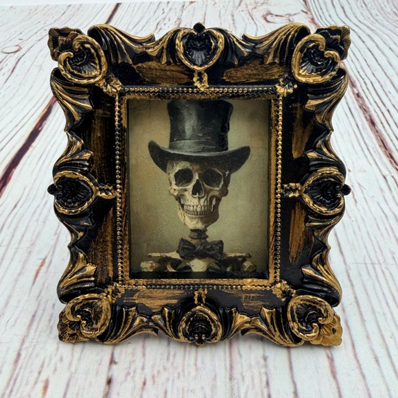 Unbranded Other - Gothic Skeleton Gentleman Art Print in‎ Ornate Black and Gold Resin Frame 4x5